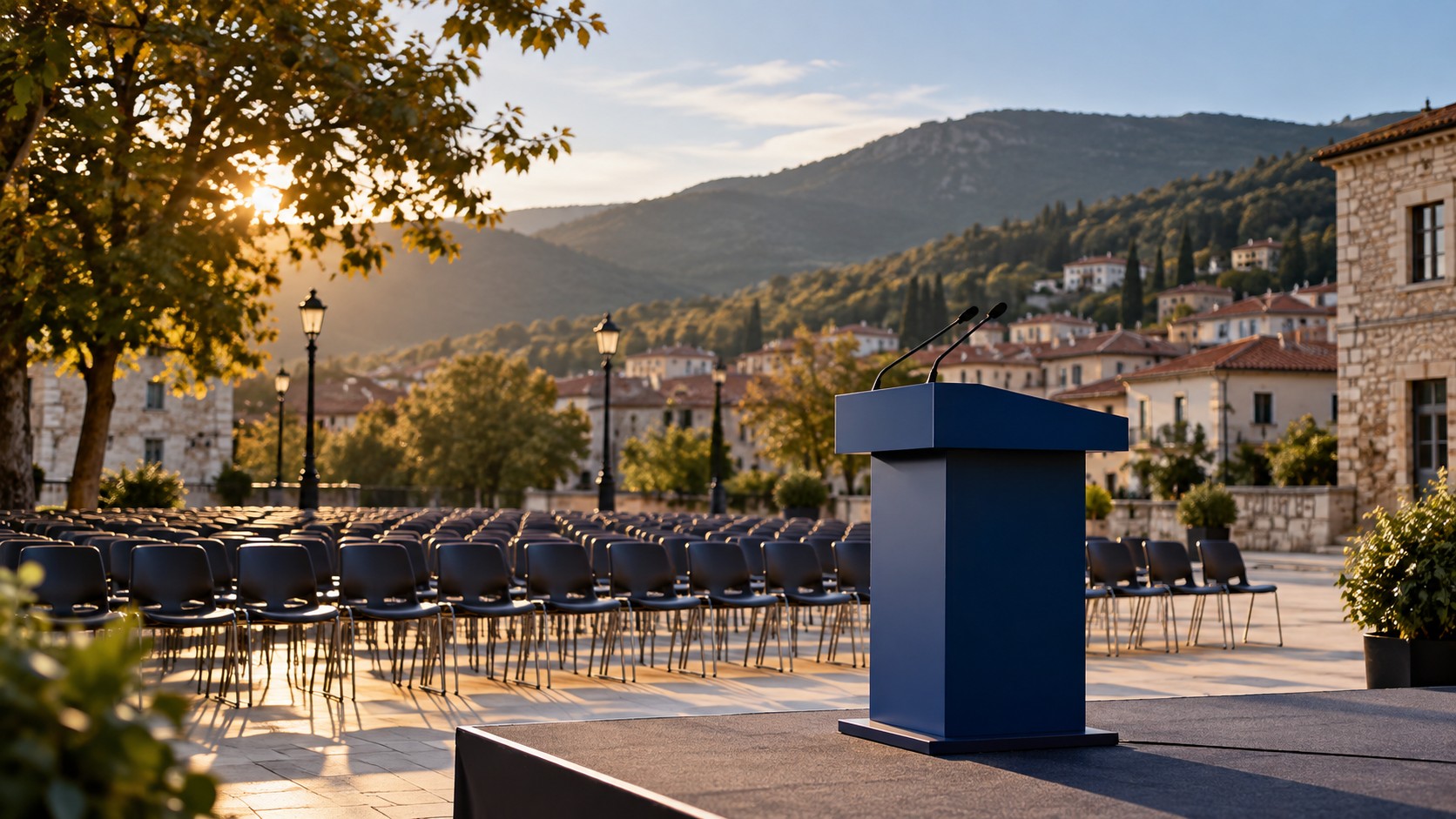 Ενδεικτική εικόνα AI με άδειο βήμα ομιλίας και καθίσματα σε πλατεία της βόρειας Ελλάδας