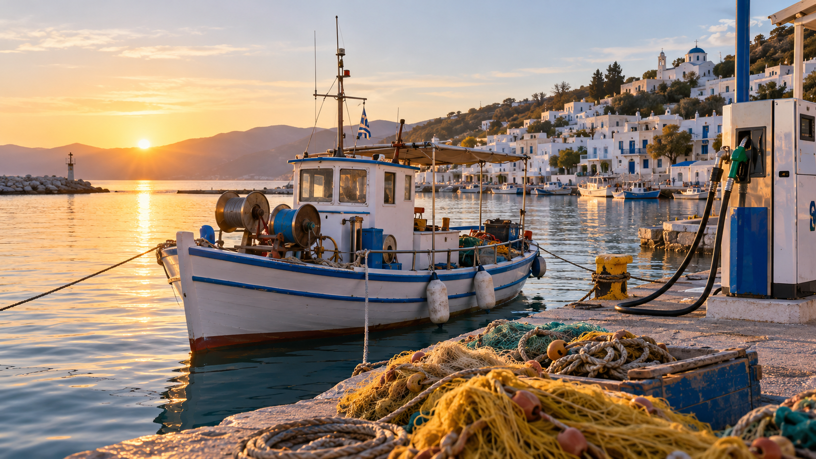 Ενδεικτική εικόνα AI με ελληνικό αλιευτικό σκάφος, δίχτυα και αντλία καυσίμων σε λιμάνι