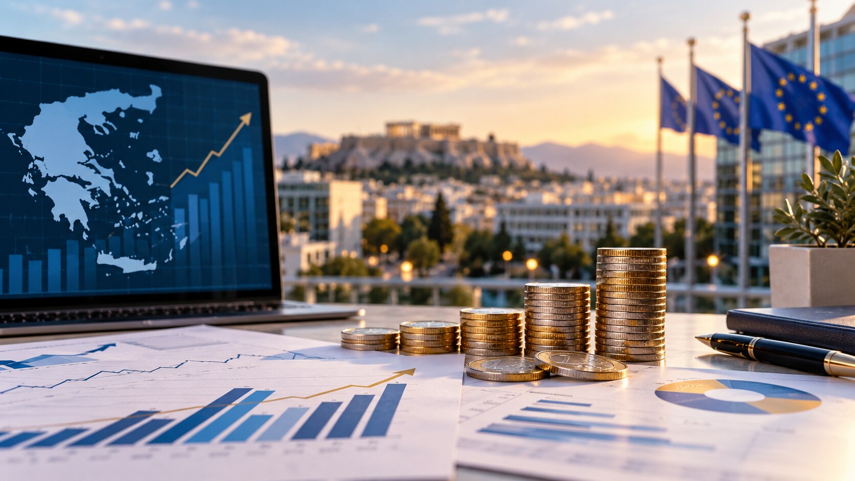 Ενδεικτική εικόνα AI με οικονομικό διάγραμμα, ευρώ και φόντο την Αθήνα