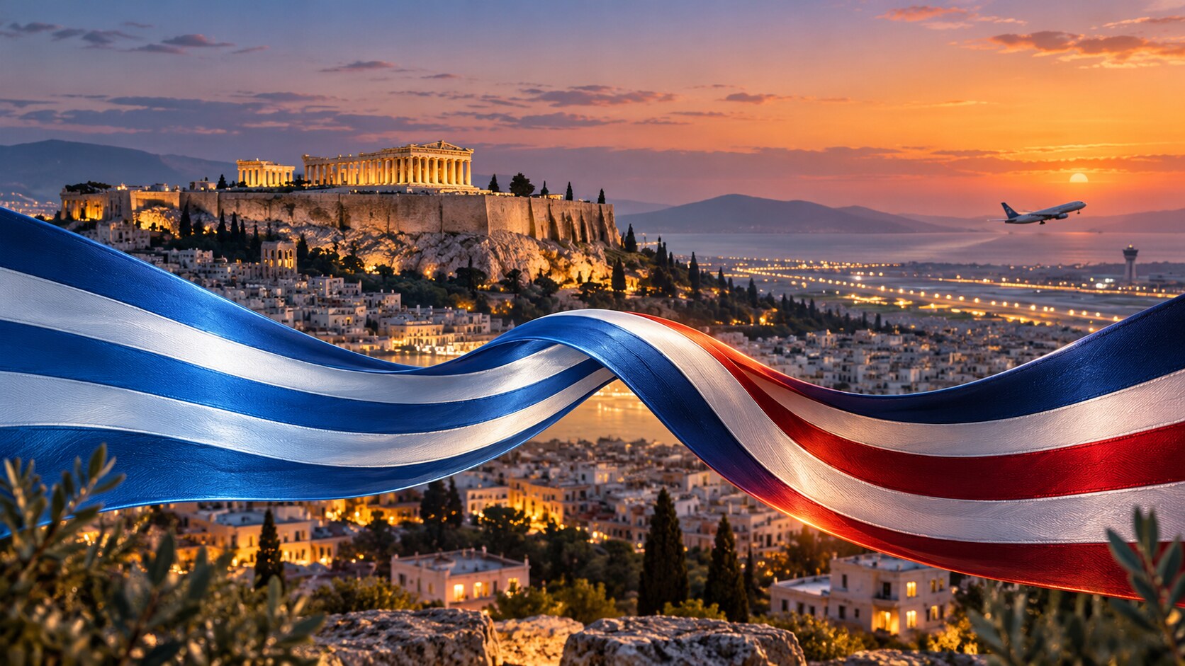Ενδεικτική εικόνα AI με την Ακρόπολη, αεροπλάνο και αφηρημένα χρώματα Ελλάδας και ΗΠΑ