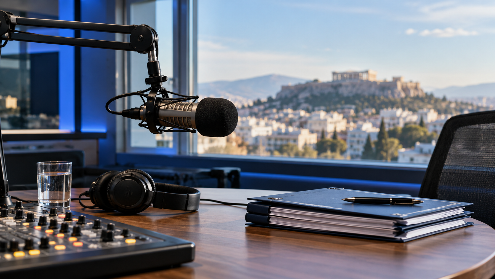 Ενδεικτική εικόνα AI με μικρόφωνο ραδιοφωνικού στούντιο και φάκελο εργασίας με φόντο την Αθήνα